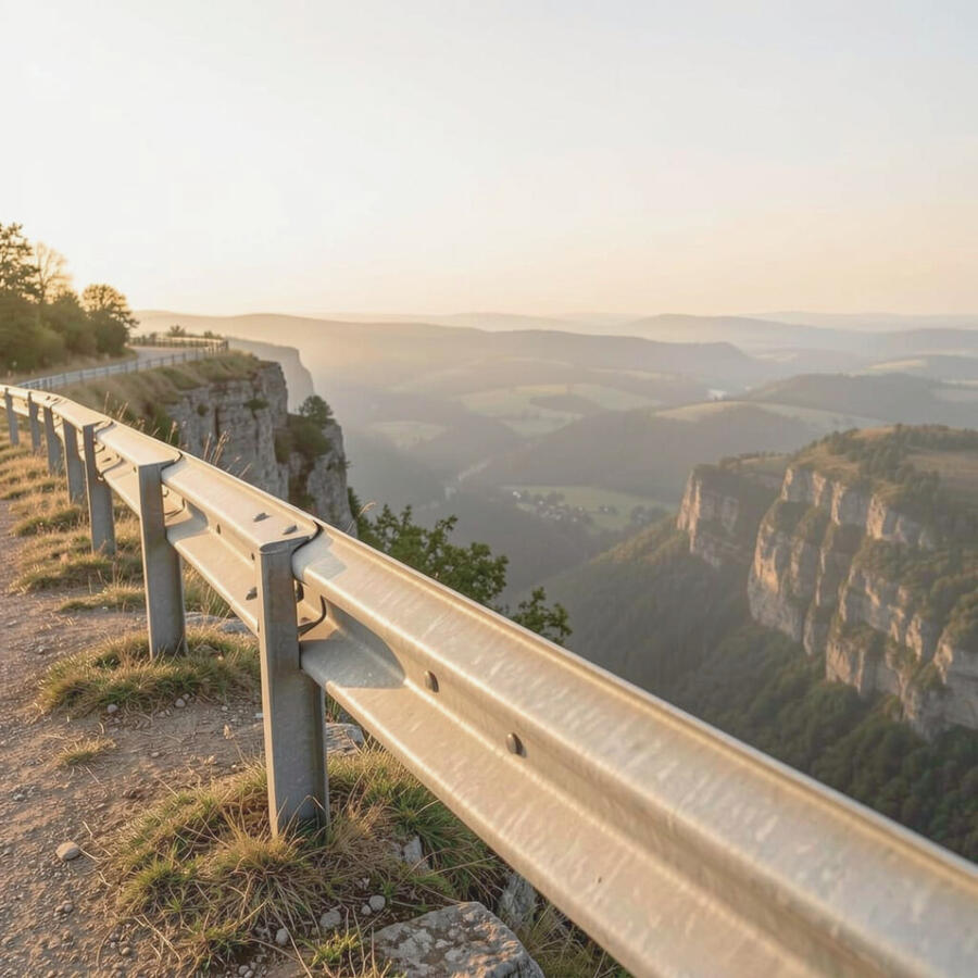 Where AI Should Stop Steel guardrail at the edge of a scenic overlook with mountains and valley in the distance.